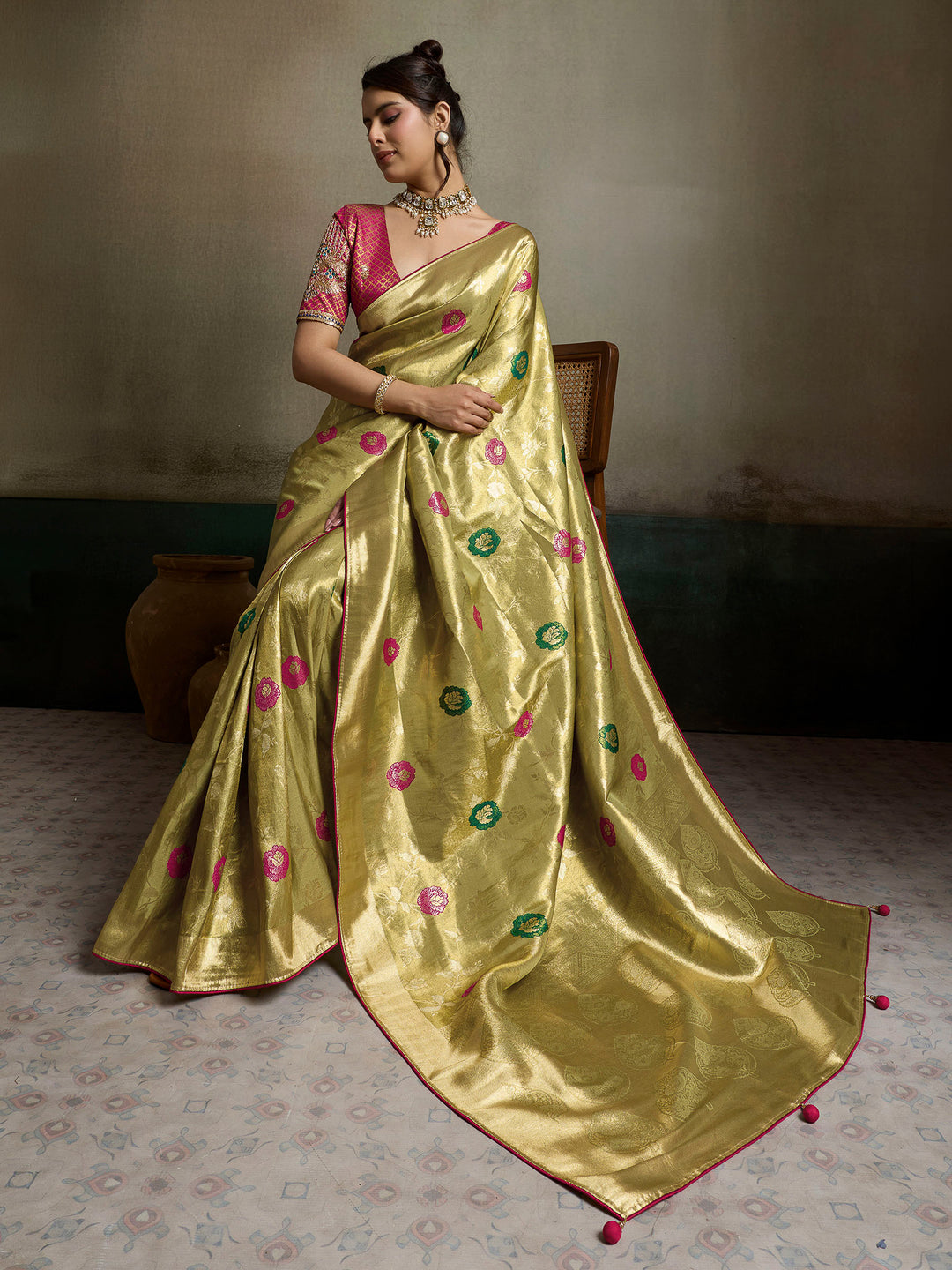 Mehndi Woven Design Tissue Banarasi Jacquard Saree