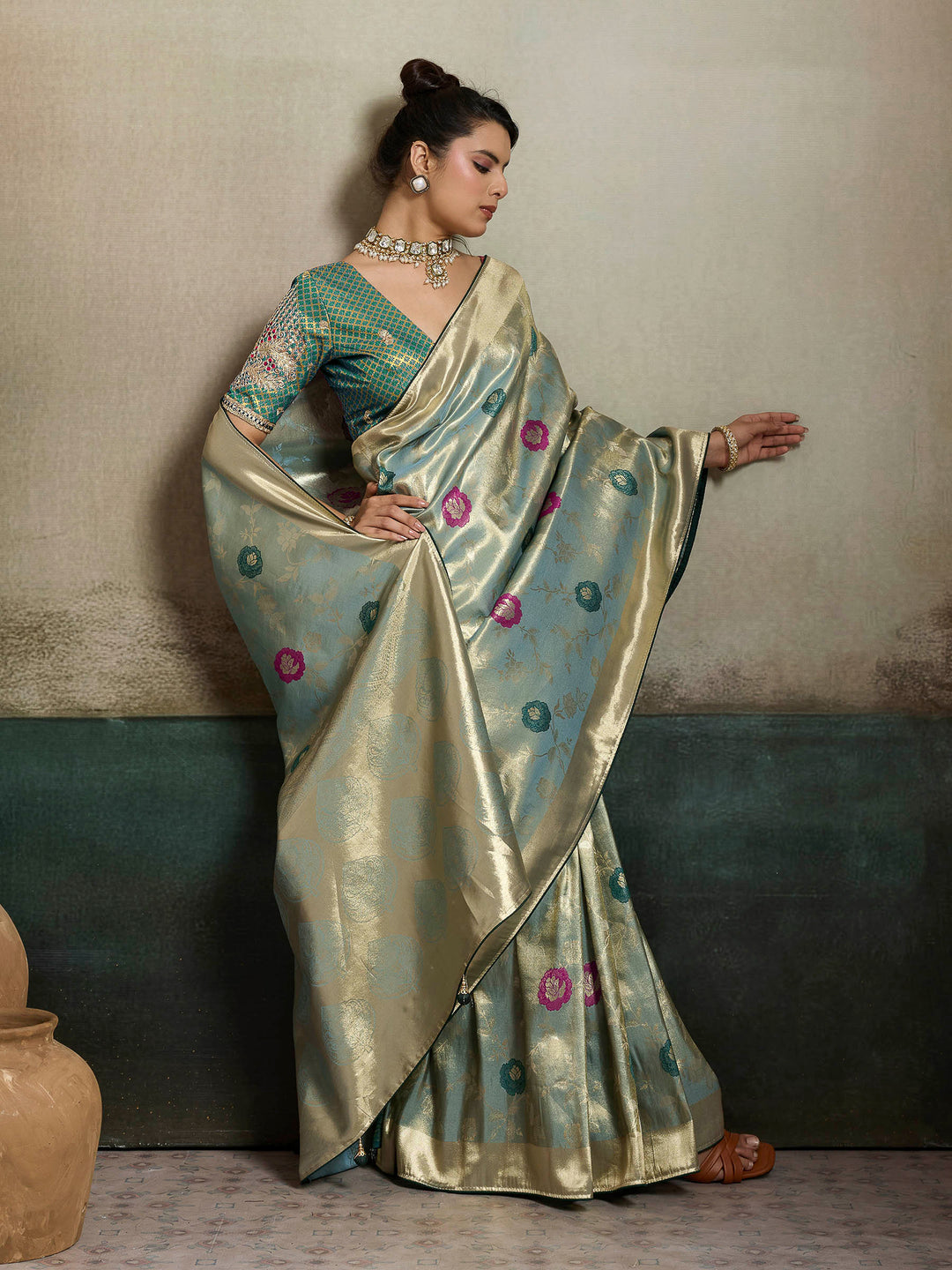 Grey Blue Woven Design Tissue Banarasi Jacquard Saree