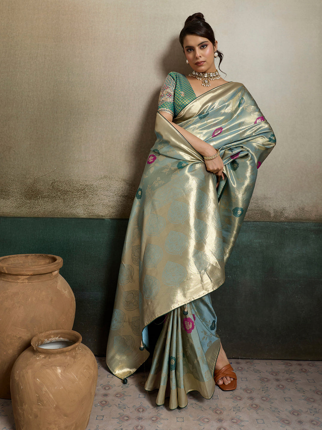 Grey Blue Woven Design Tissue Banarasi Jacquard Saree