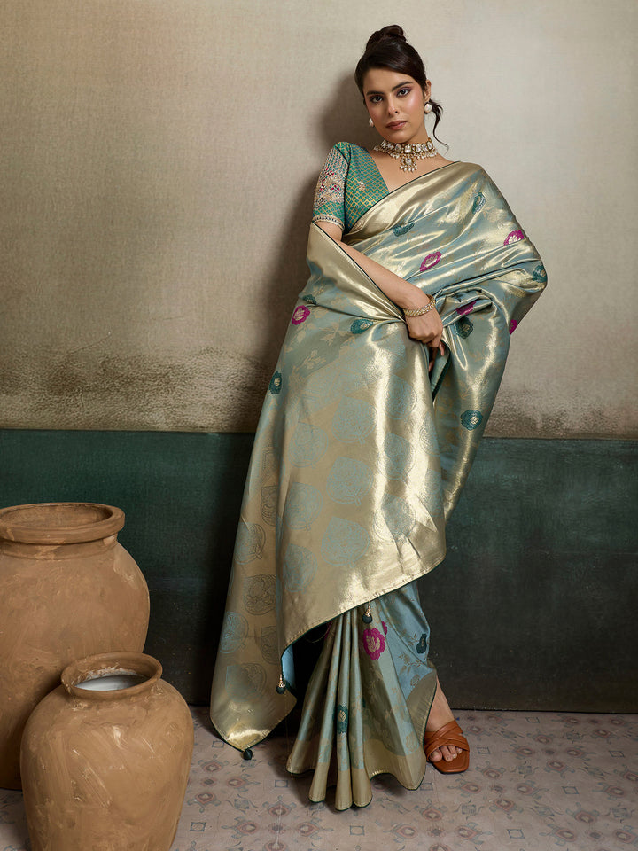 Grey Blue Woven Design Tissue Banarasi Jacquard Saree
