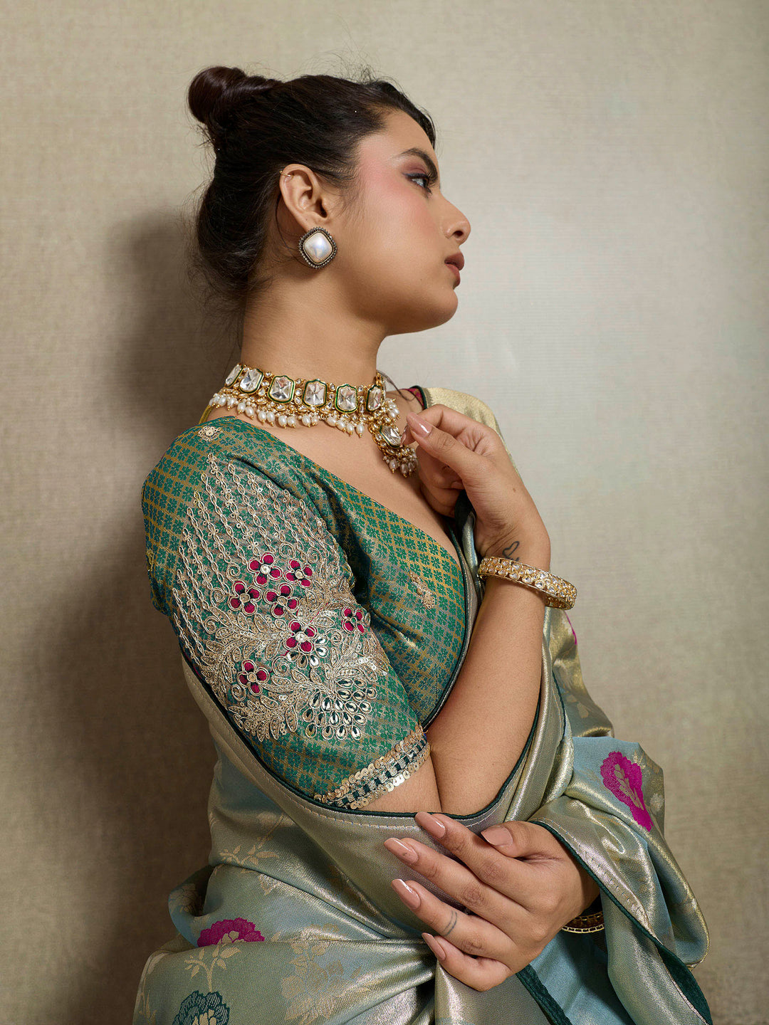 Grey Blue Woven Design Tissue Banarasi Jacquard Saree