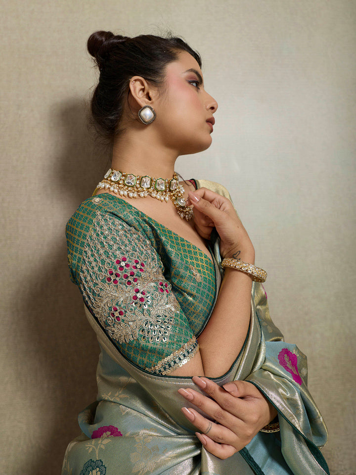 Grey Blue Woven Design Tissue Banarasi Jacquard Saree