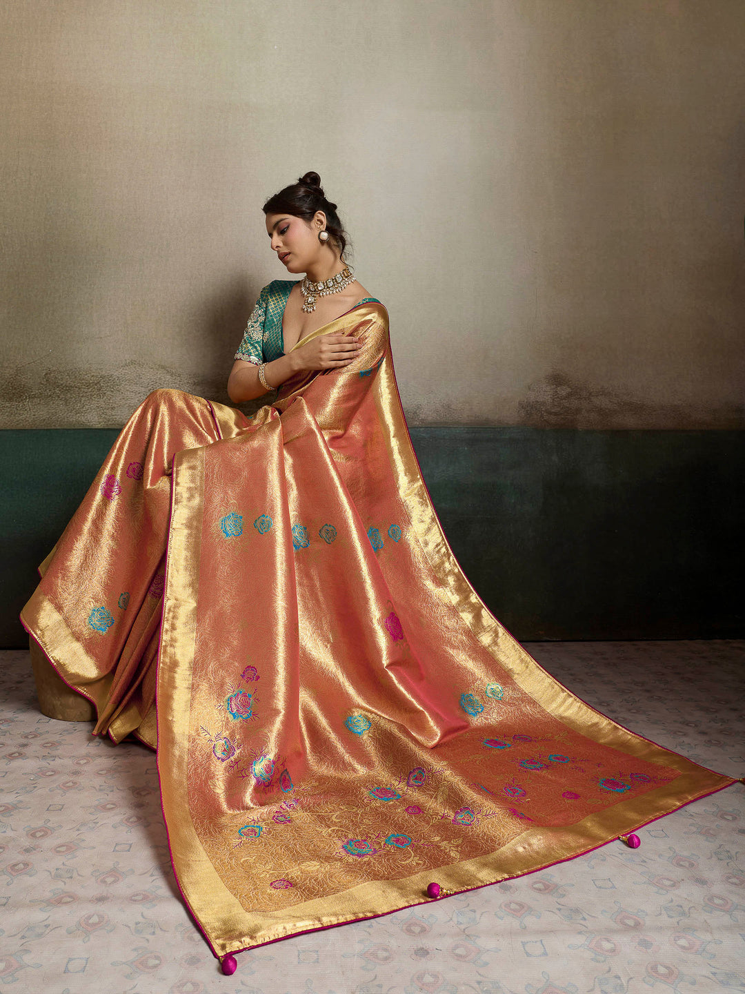 Peach Woven Design Tissue Banarasi Jacquard Saree