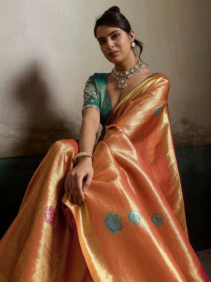 Peach Woven Design Tissue Banarasi Jacquard Saree