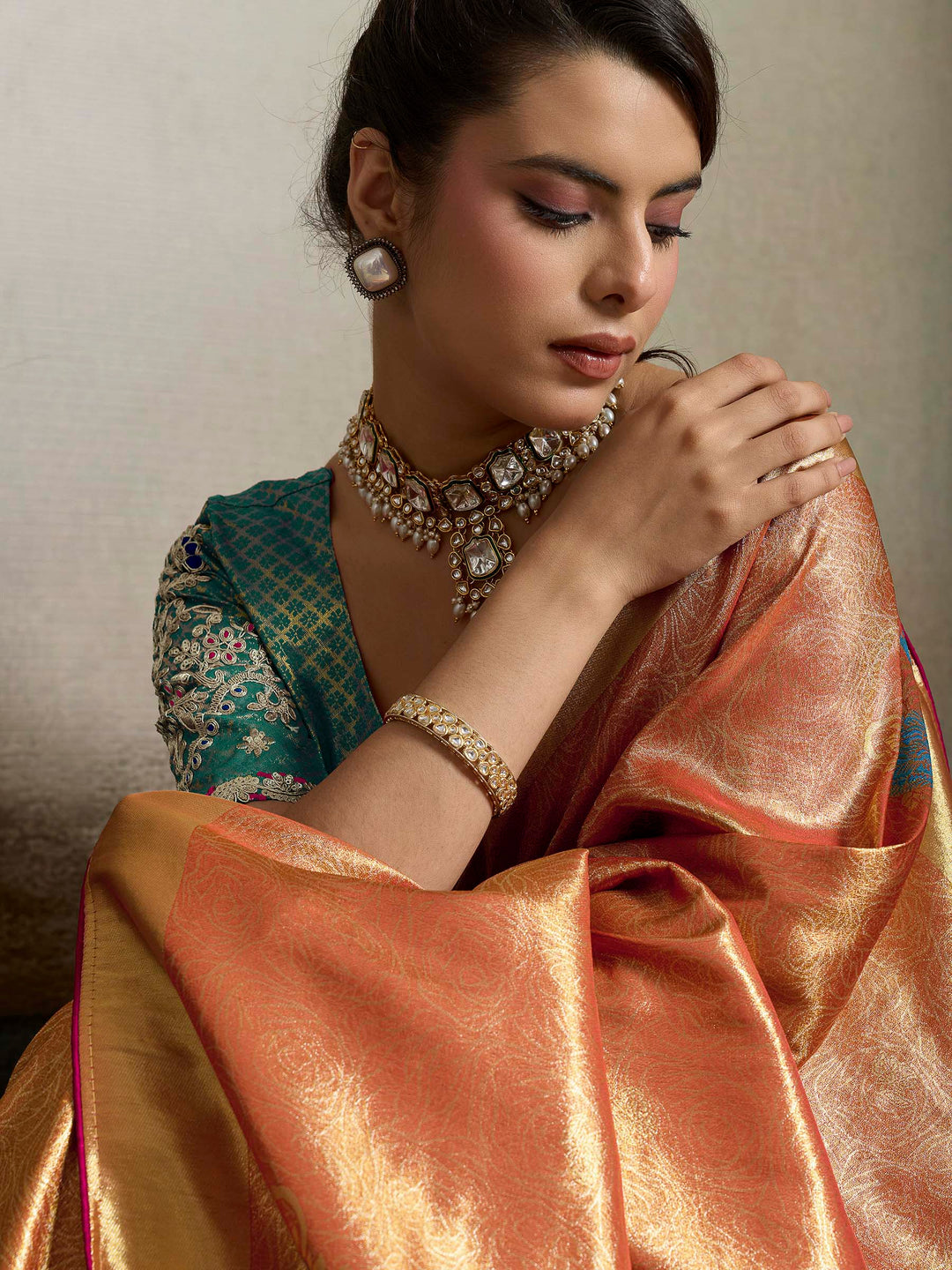 Peach Woven Design Tissue Banarasi Jacquard Saree
