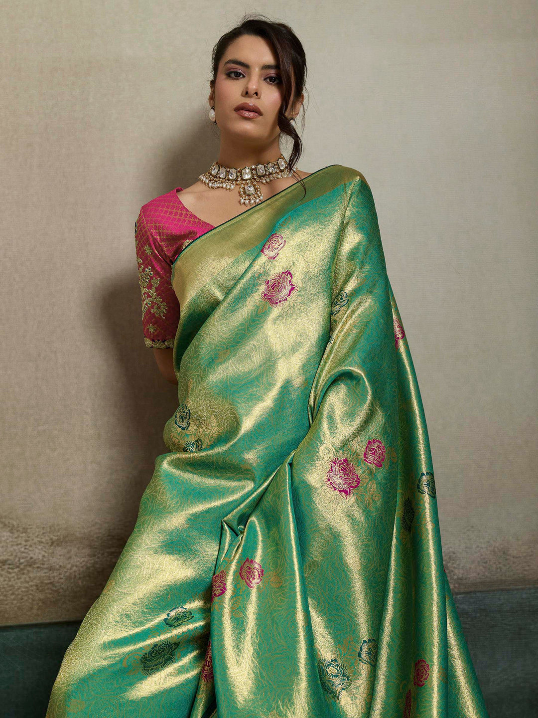 Rama Green Woven Design Tissue Banarasi Jacquard Saree