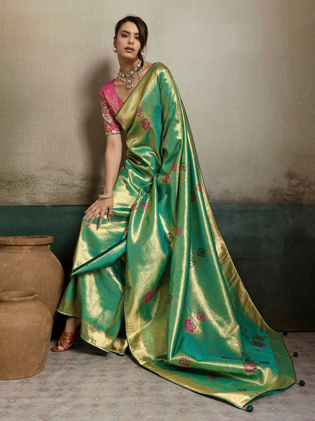 Rama Green Woven Design Tissue Banarasi Jacquard Saree