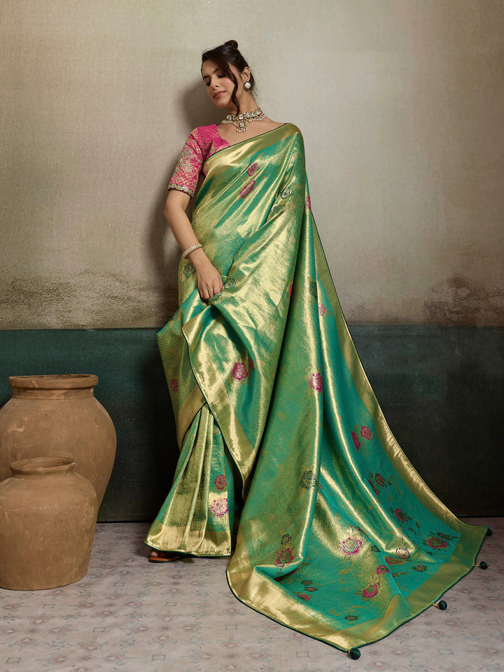 Rama Green Woven Design Tissue Banarasi Jacquard Saree