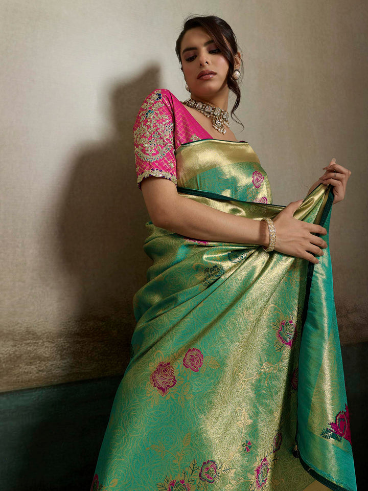 Rama Green Woven Design Tissue Banarasi Jacquard Saree