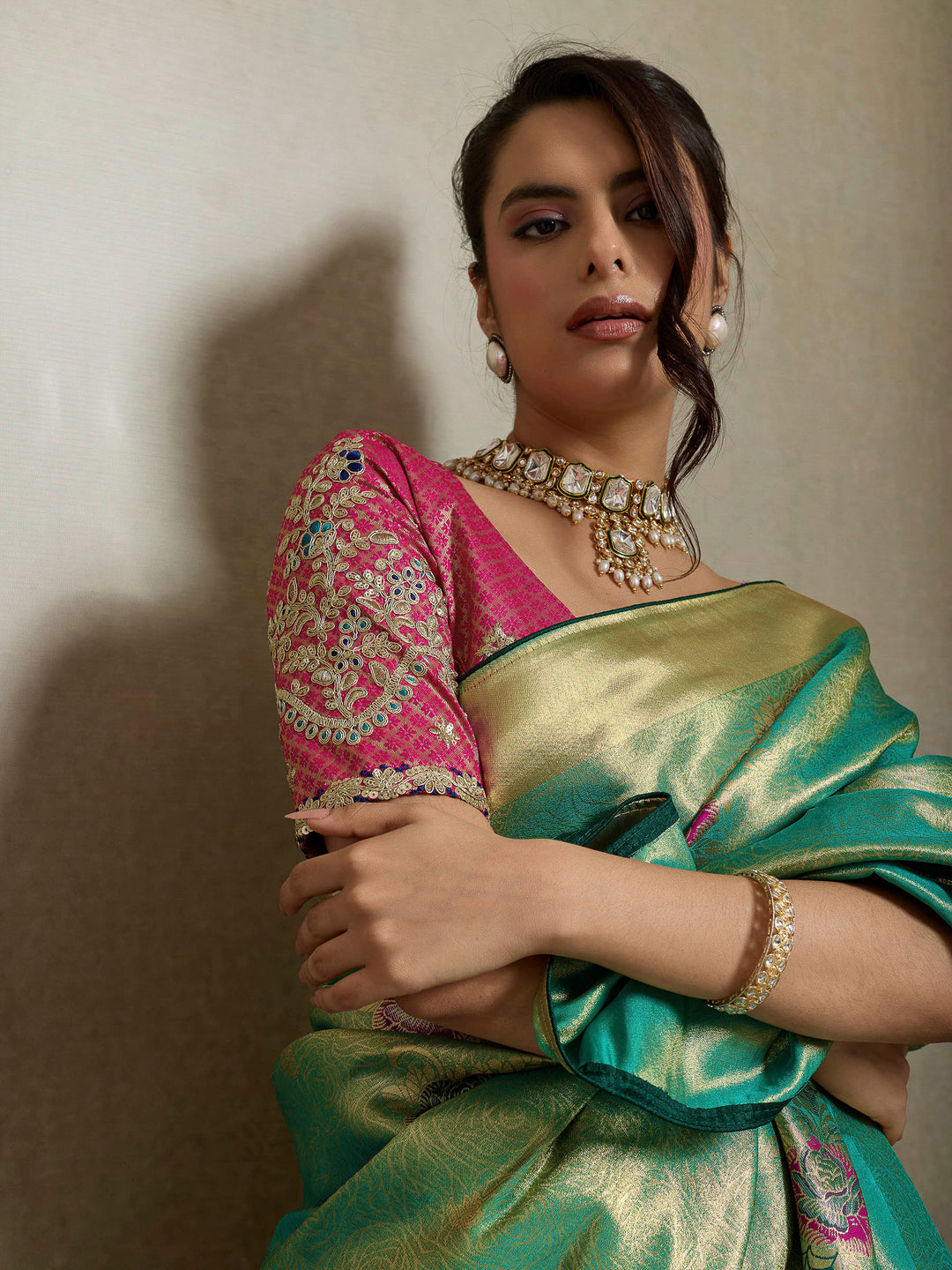 Rama Green Woven Design Tissue Banarasi Jacquard Saree