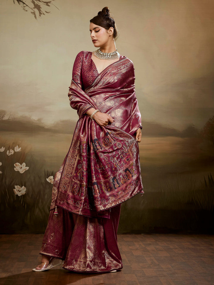 Wine Kanjivaram Silk Embroidered Handloom Saree