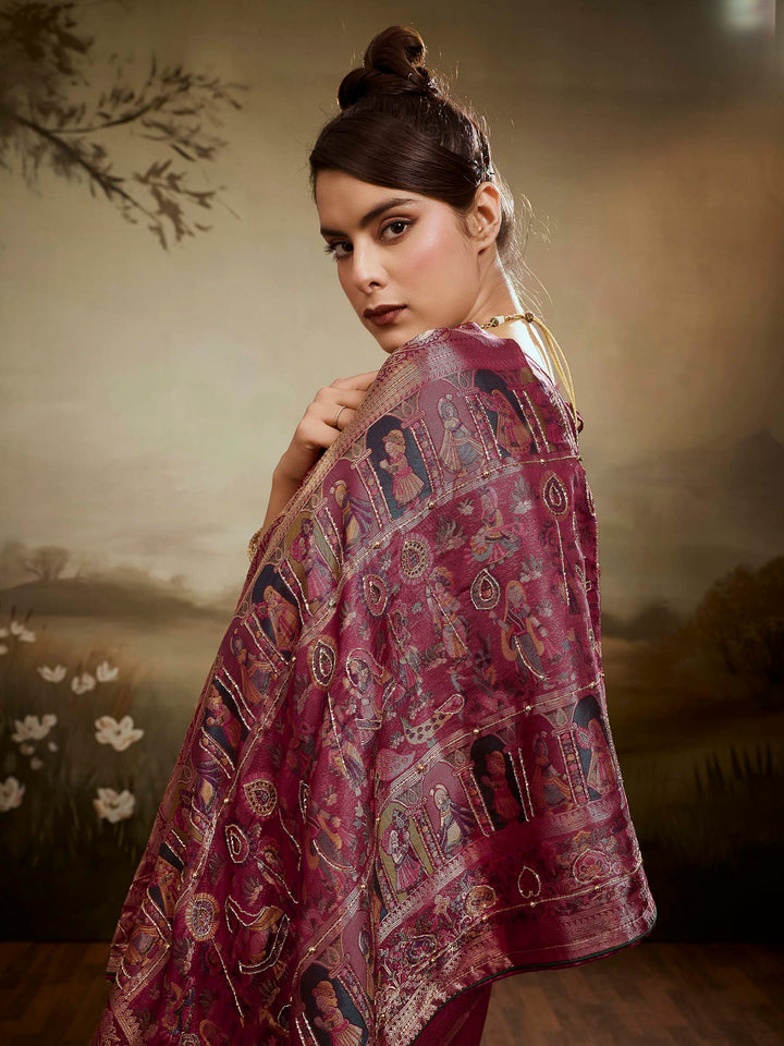 Wine Kanjivaram Silk Embroidered Handloom Saree