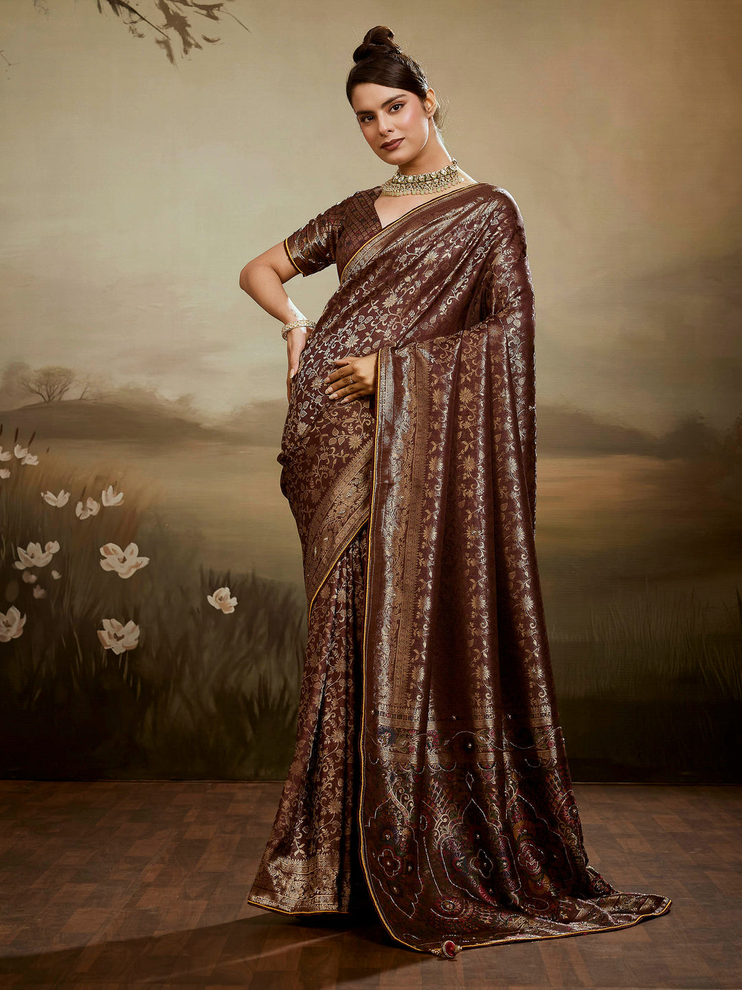 Brown Kanjivaram Silk Embroidered Handloom Saree