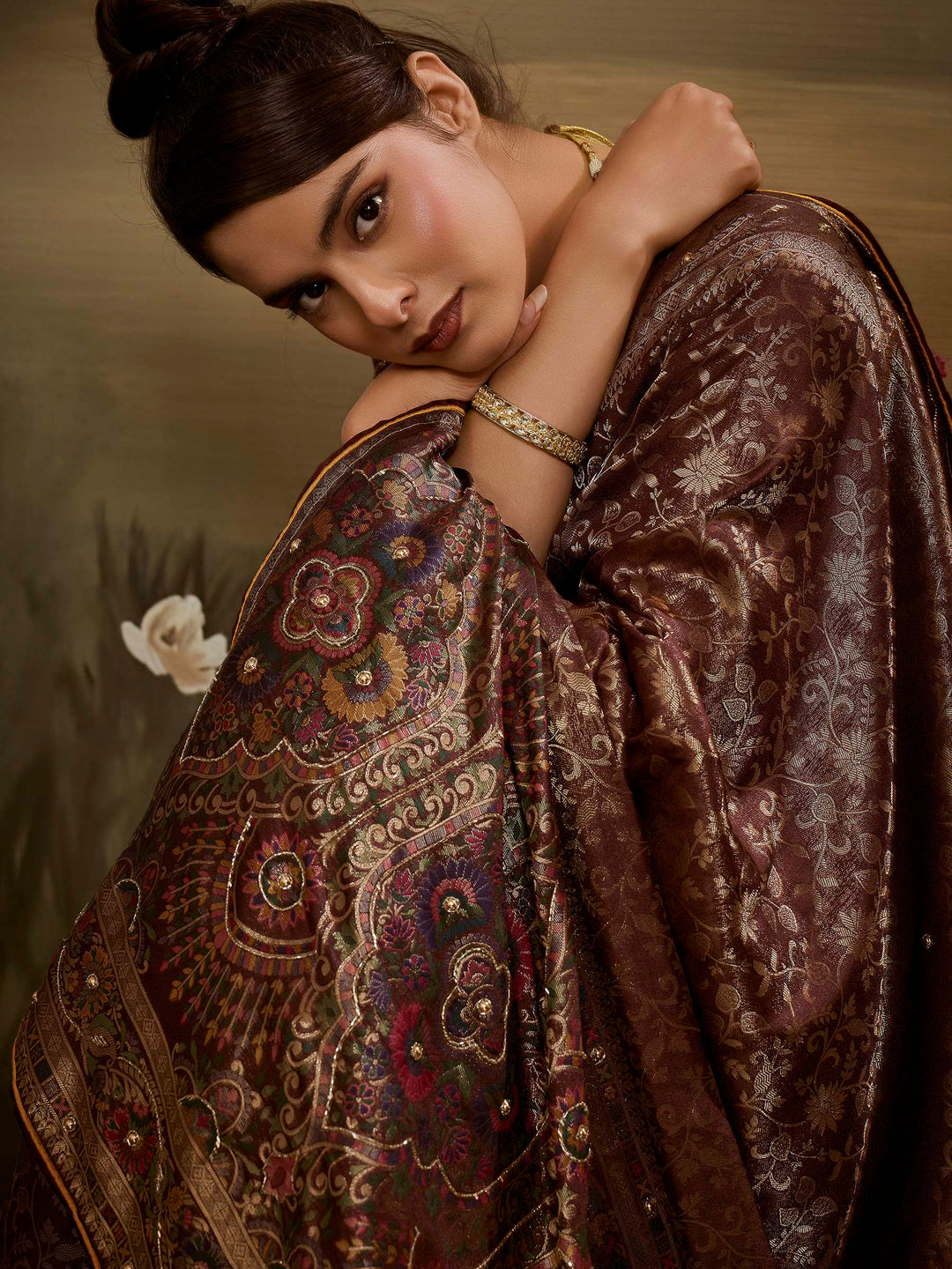 Brown Kanjivaram Silk Embroidered Handloom Saree