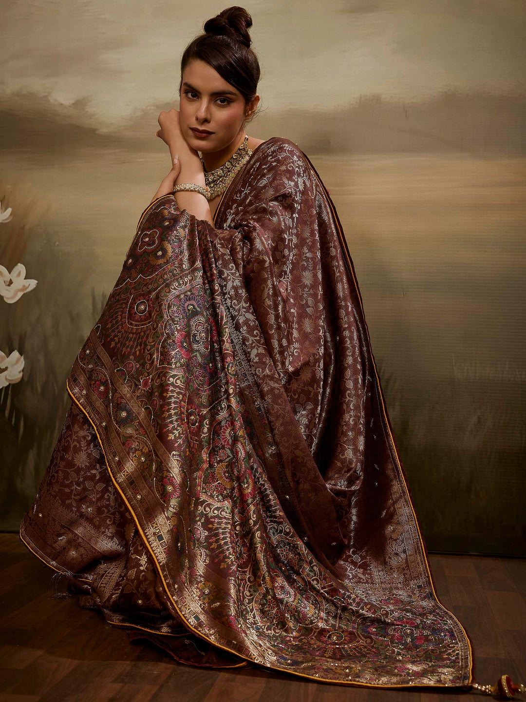 Brown Kanjivaram Silk Embroidered Handloom Saree