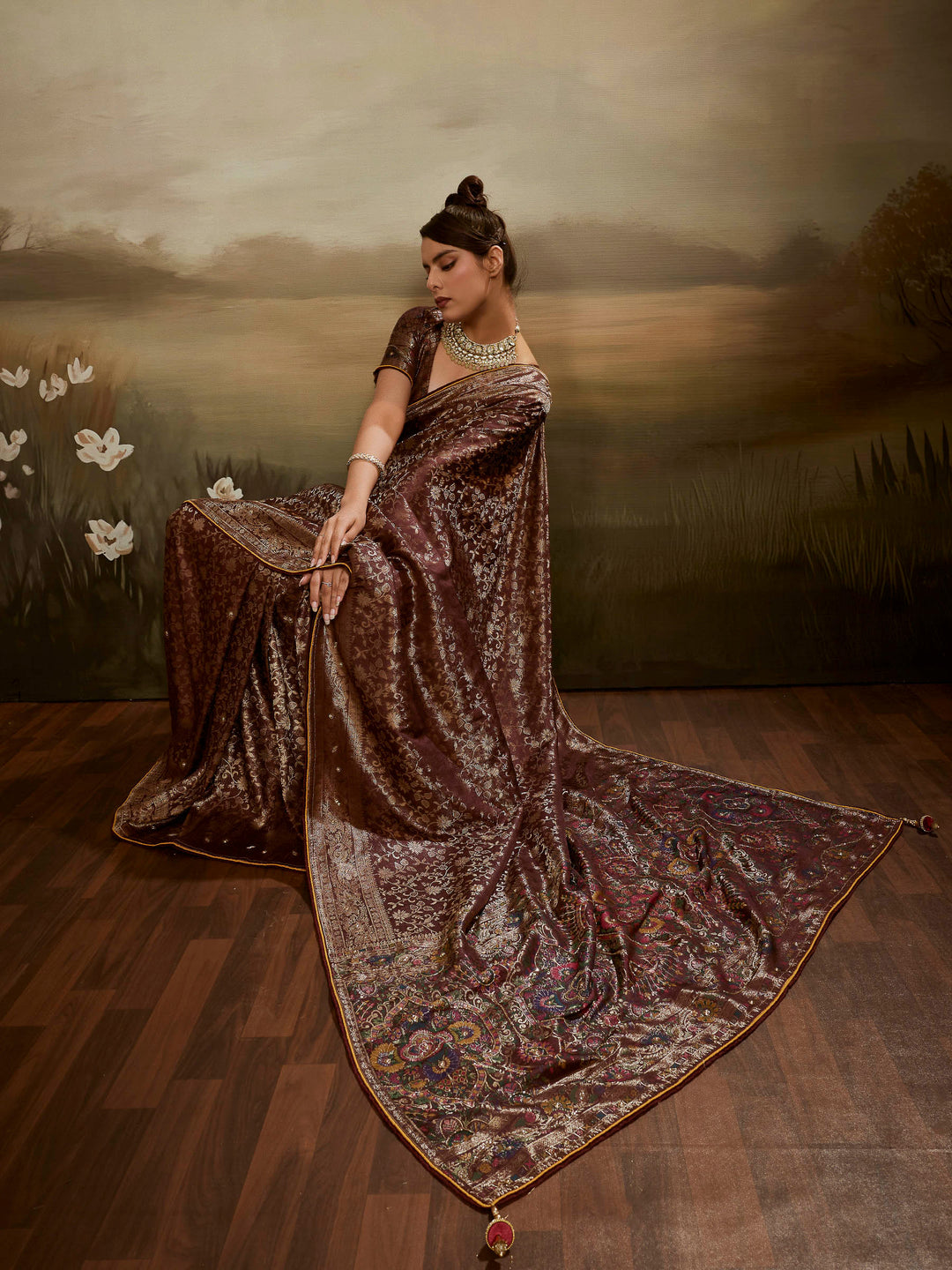 Brown Kanjivaram Silk Embroidered Handloom Saree