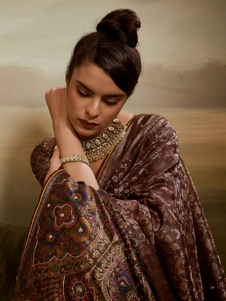Brown Kanjivaram Silk Embroidered Handloom Saree