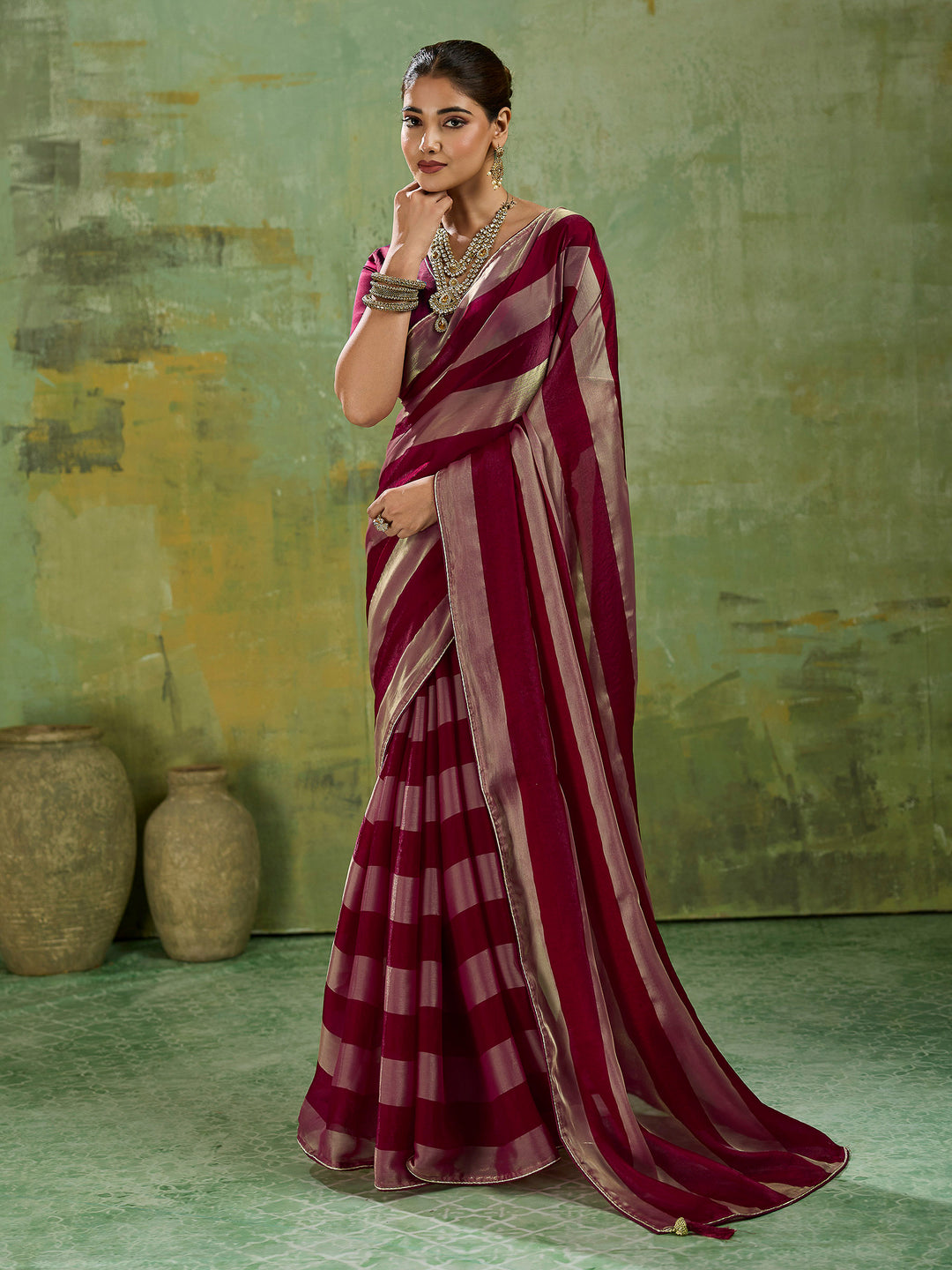 Maroon Satin Woven Saree