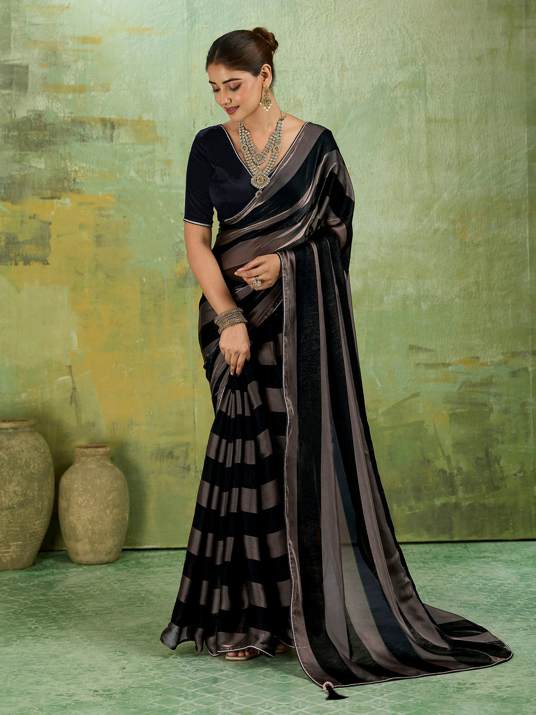 Black Satin Woven Saree