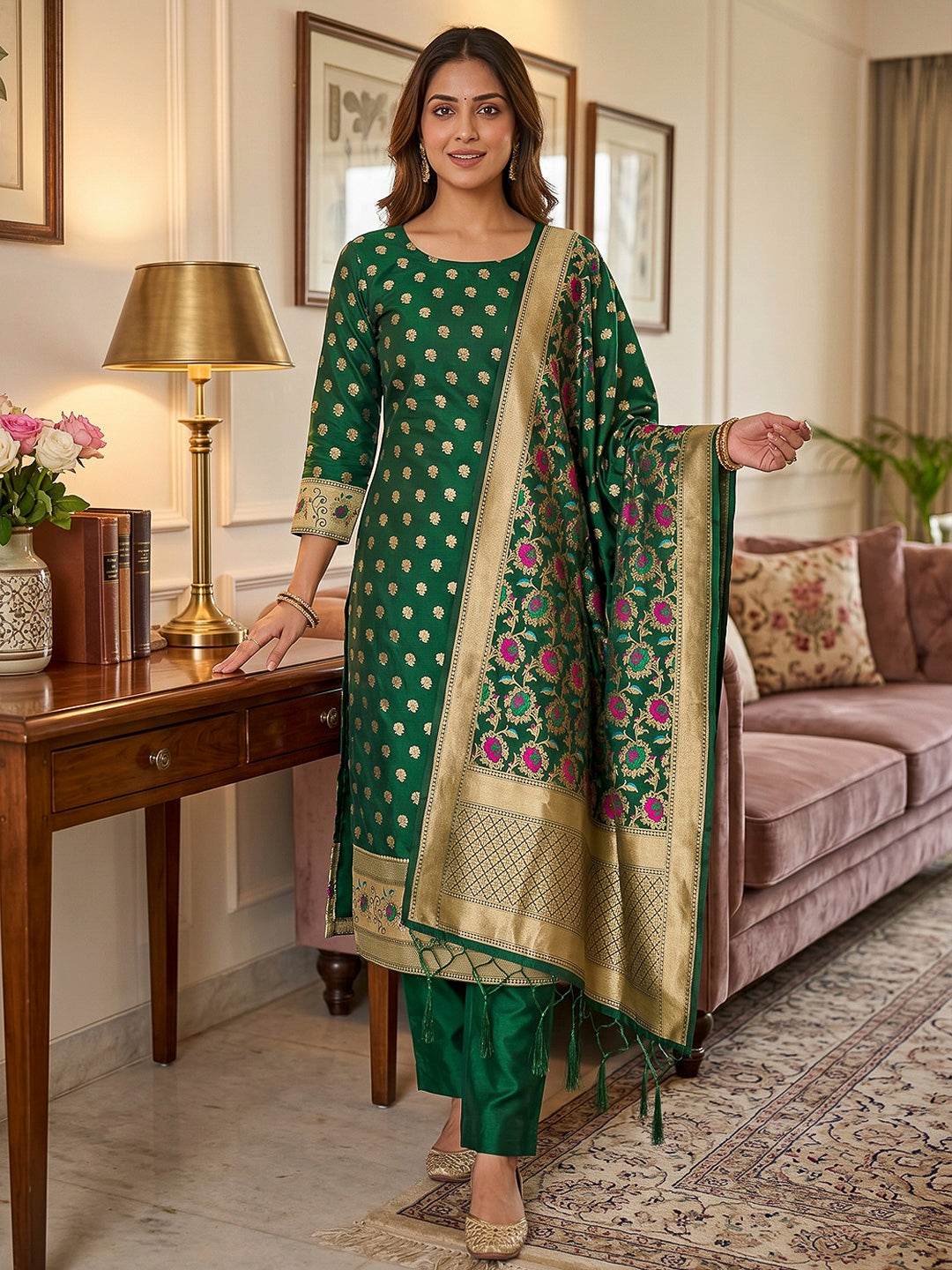 Bottle-Green Pure Soft Banarasi Silk Woven Design Unstitched Dress Material