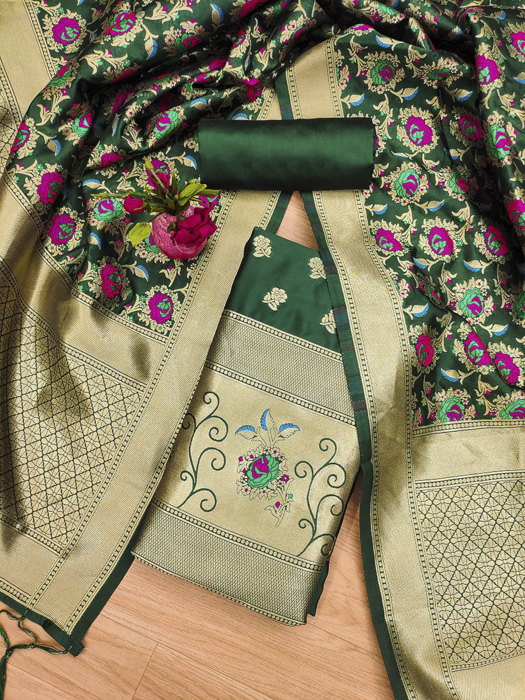 Bottle-Green Pure Soft Banarasi Silk Woven Design Unstitched Dress Material