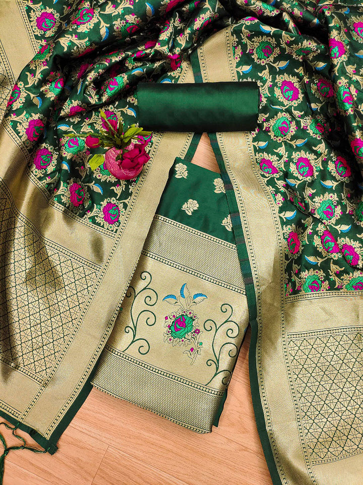 Bottle-Green Pure Soft Banarasi Silk Woven Design Unstitched Dress Material
