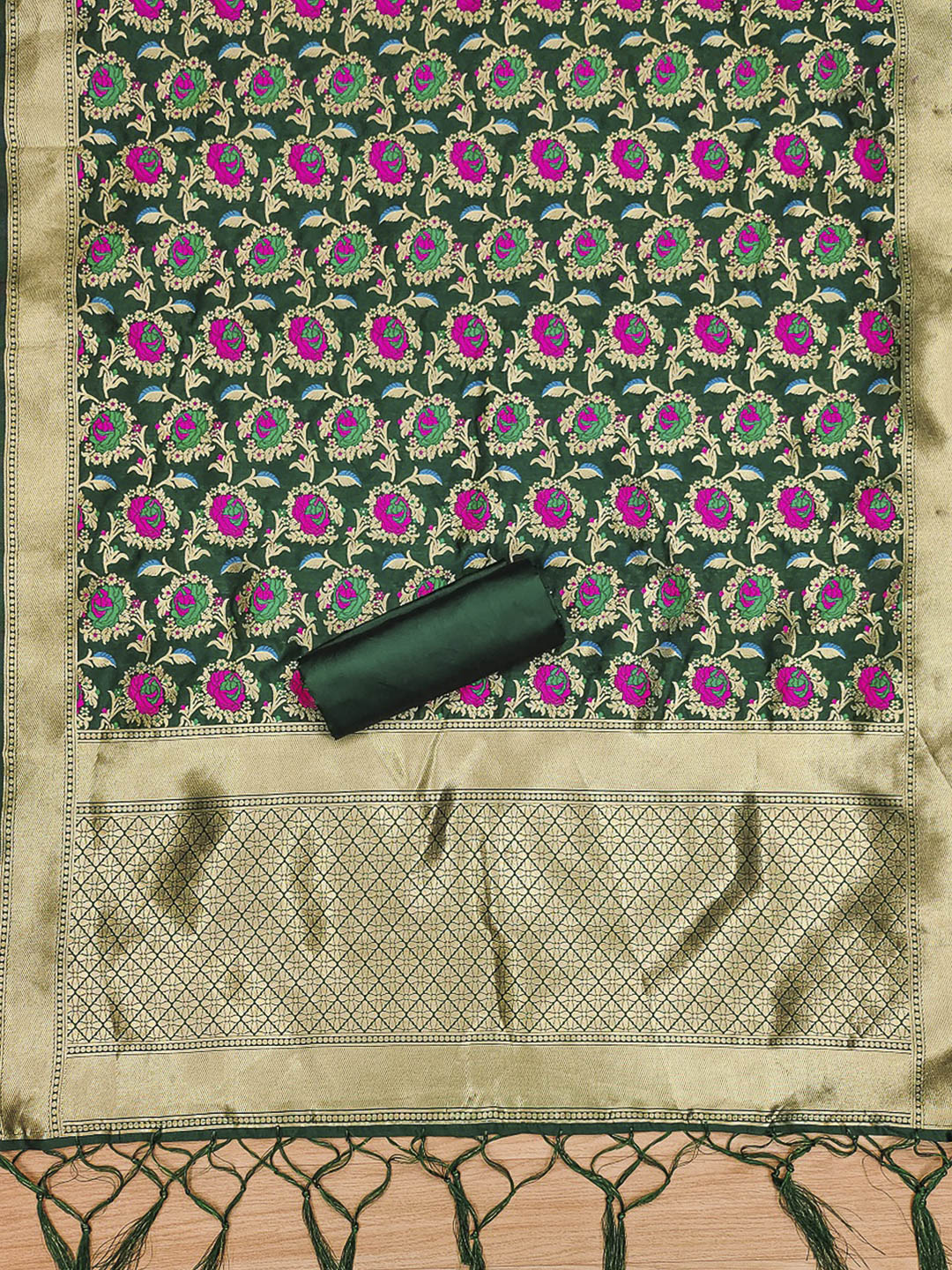 Bottle-Green Pure Soft Banarasi Silk Woven Design Unstitched Dress Material