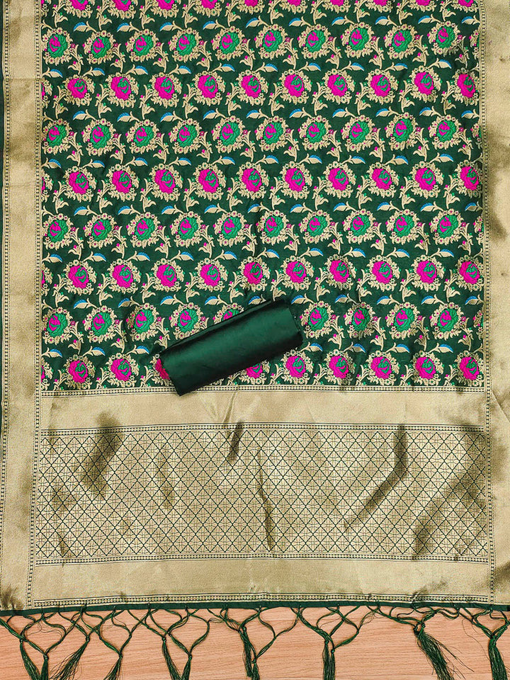 Bottle-Green Pure Soft Banarasi Silk Woven Design Unstitched Dress Material