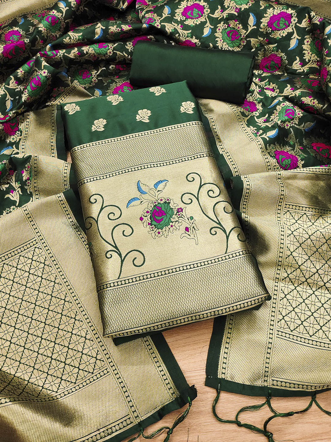 Bottle-Green Pure Soft Banarasi Silk Woven Design Unstitched Dress Material
