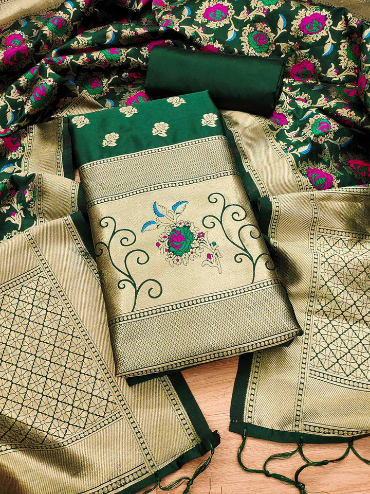 Bottle-Green Pure Soft Banarasi Silk Woven Design Unstitched Dress Material