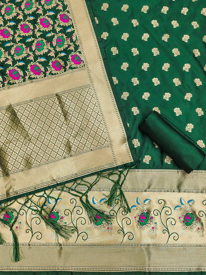 Bottle-Green Pure Soft Banarasi Silk Woven Design Unstitched Dress Material