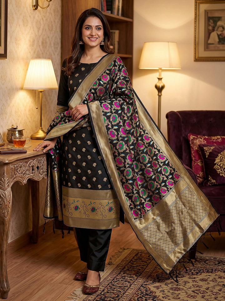Black Pure Soft Banarasi Silk Woven Design Unstitched Dress Material