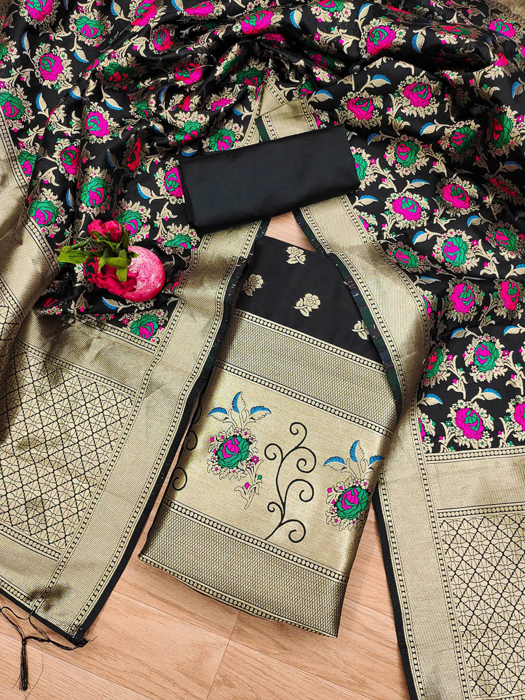Black Pure Soft Banarasi Silk Woven Design Unstitched Dress Material