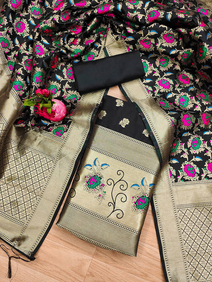 Black Pure Soft Banarasi Silk Woven Design Unstitched Dress Material
