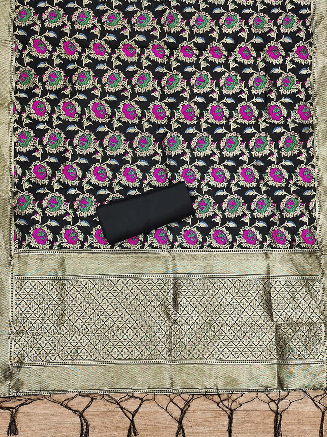 Black Pure Soft Banarasi Silk Woven Design Unstitched Dress Material