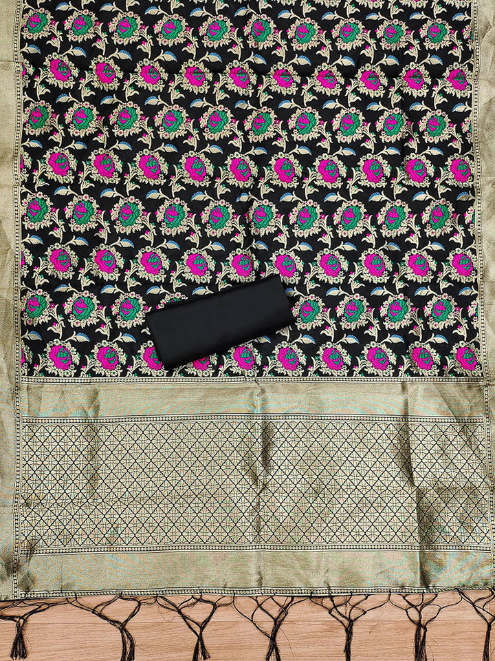 Black Pure Soft Banarasi Silk Woven Design Unstitched Dress Material