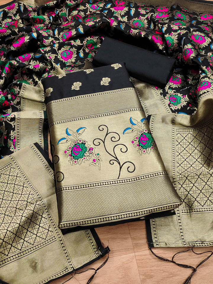 Black Pure Soft Banarasi Silk Woven Design Unstitched Dress Material