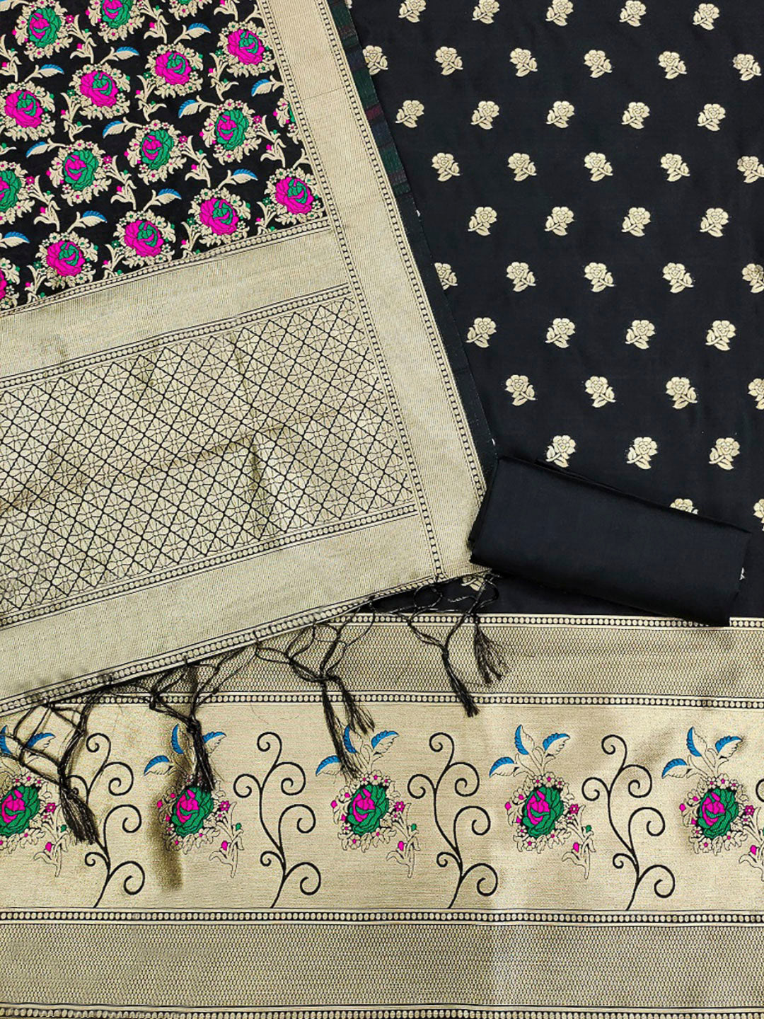 Black Pure Soft Banarasi Silk Woven Design Unstitched Dress Material