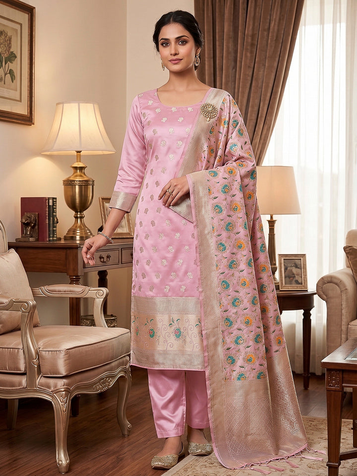 Pink-Lt Pure Soft Banarasi Silk Woven Design Unstitched Dress Material