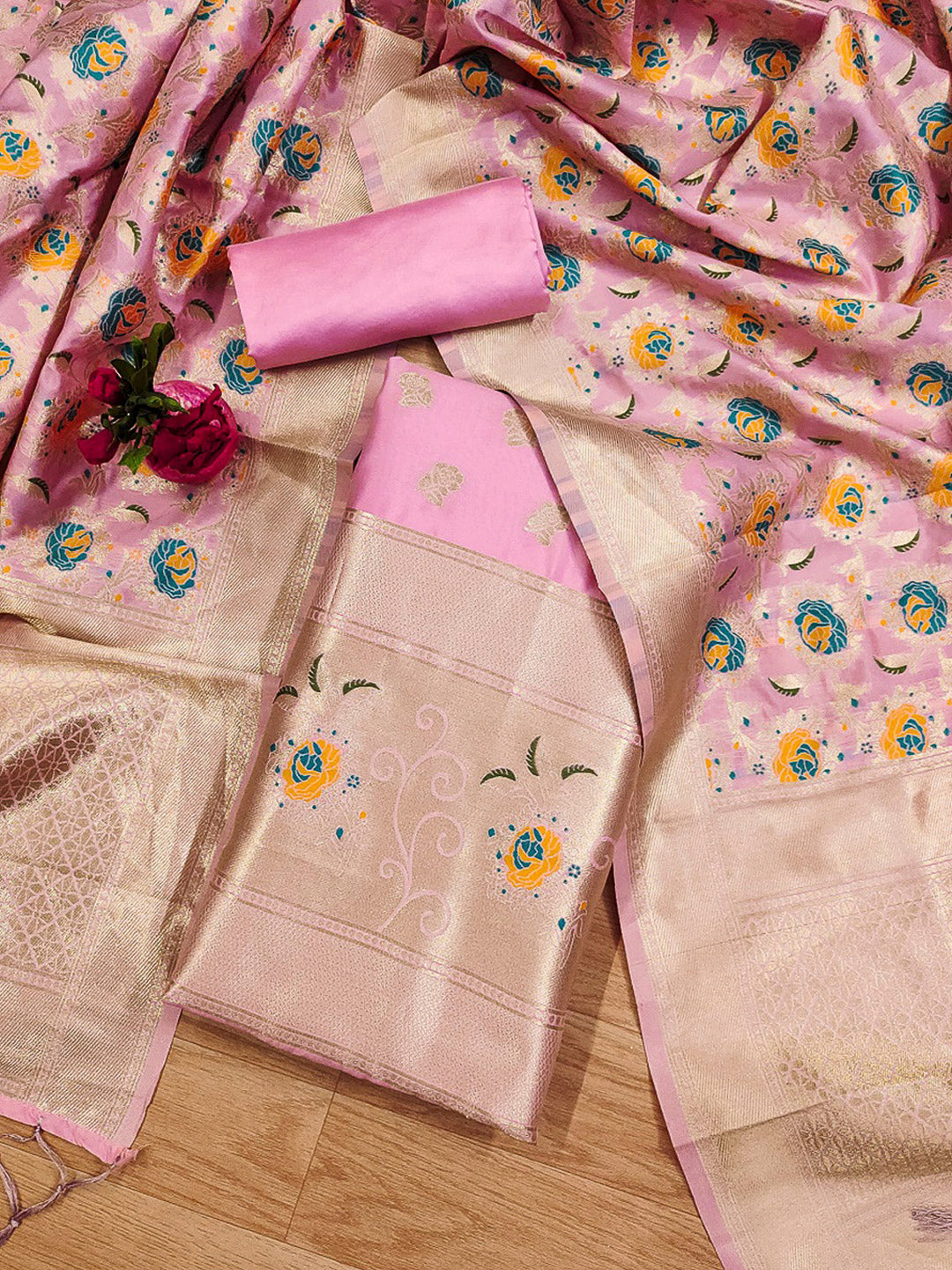 Pink-Lt Pure Soft Banarasi Silk Woven Design Unstitched Dress Material