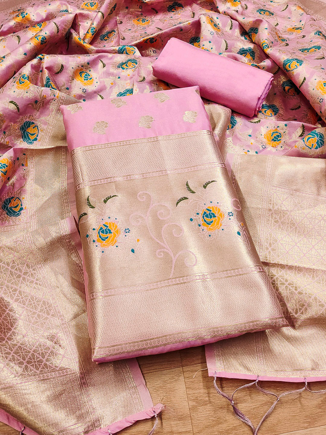 Pink-Lt Pure Soft Banarasi Silk Woven Design Unstitched Dress Material