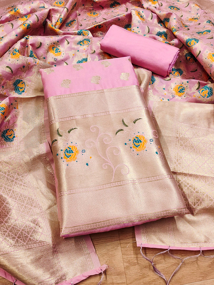 Pink-Lt Pure Soft Banarasi Silk Woven Design Unstitched Dress Material