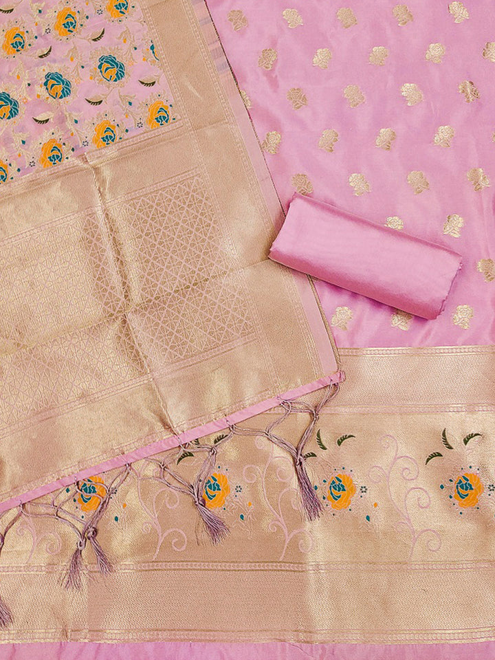 Pink-Lt Pure Soft Banarasi Silk Woven Design Unstitched Dress Material