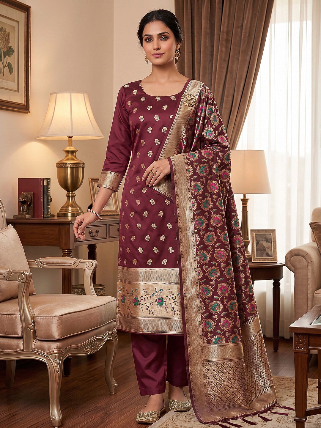 Maroon Pure Soft Banarasi Silk Woven Design Unstitched Dress Material