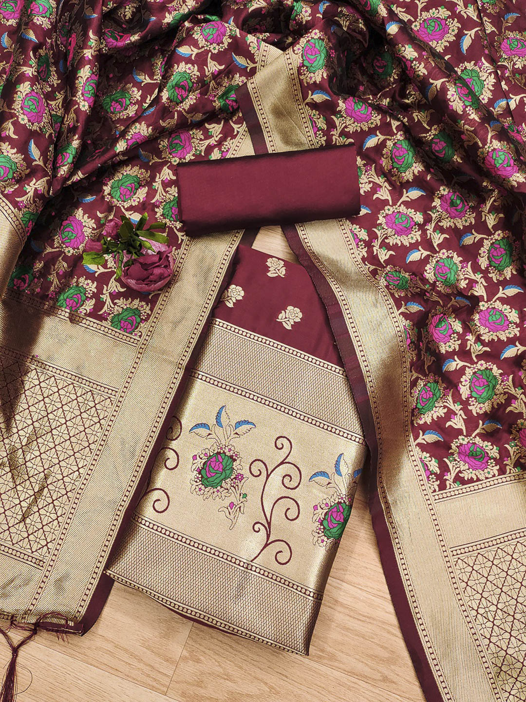 Maroon Pure Soft Banarasi Silk Woven Design Unstitched Dress Material