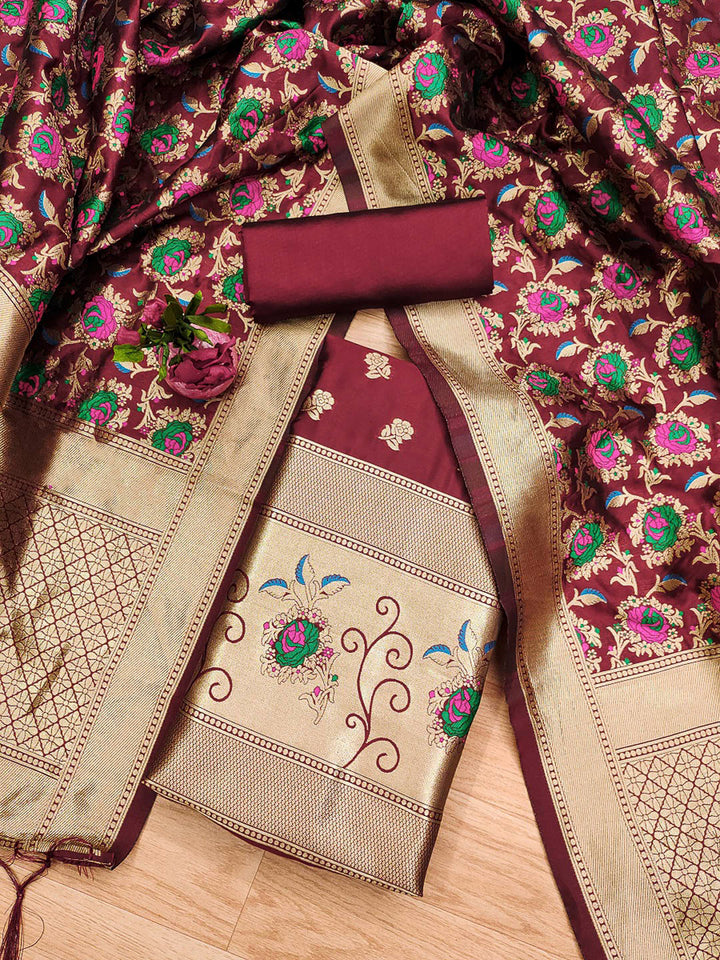 Maroon Pure Soft Banarasi Silk Woven Design Unstitched Dress Material