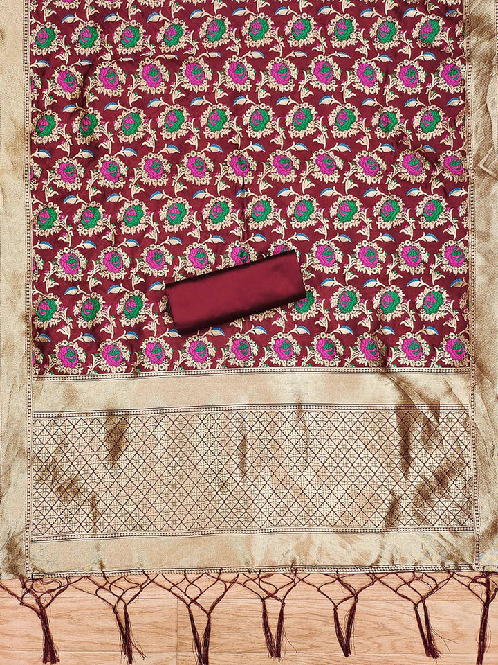 Maroon Pure Soft Banarasi Silk Woven Design Unstitched Dress Material