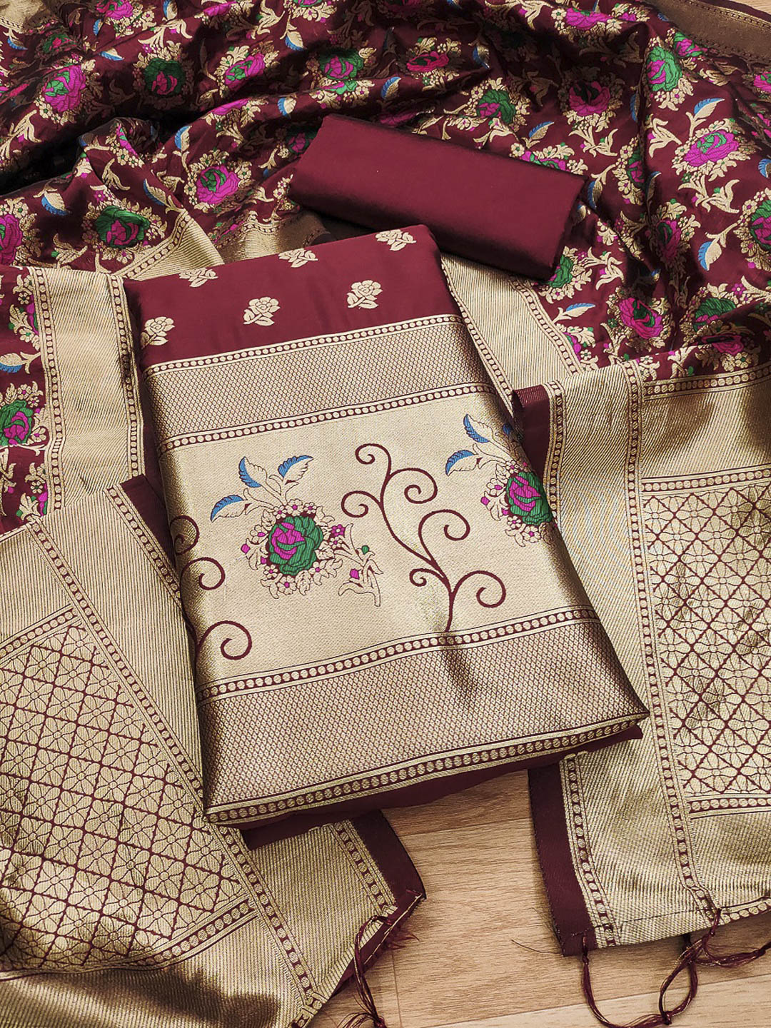 Maroon Pure Soft Banarasi Silk Woven Design Unstitched Dress Material