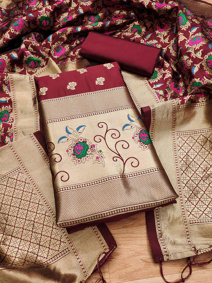 Maroon Pure Soft Banarasi Silk Woven Design Unstitched Dress Material