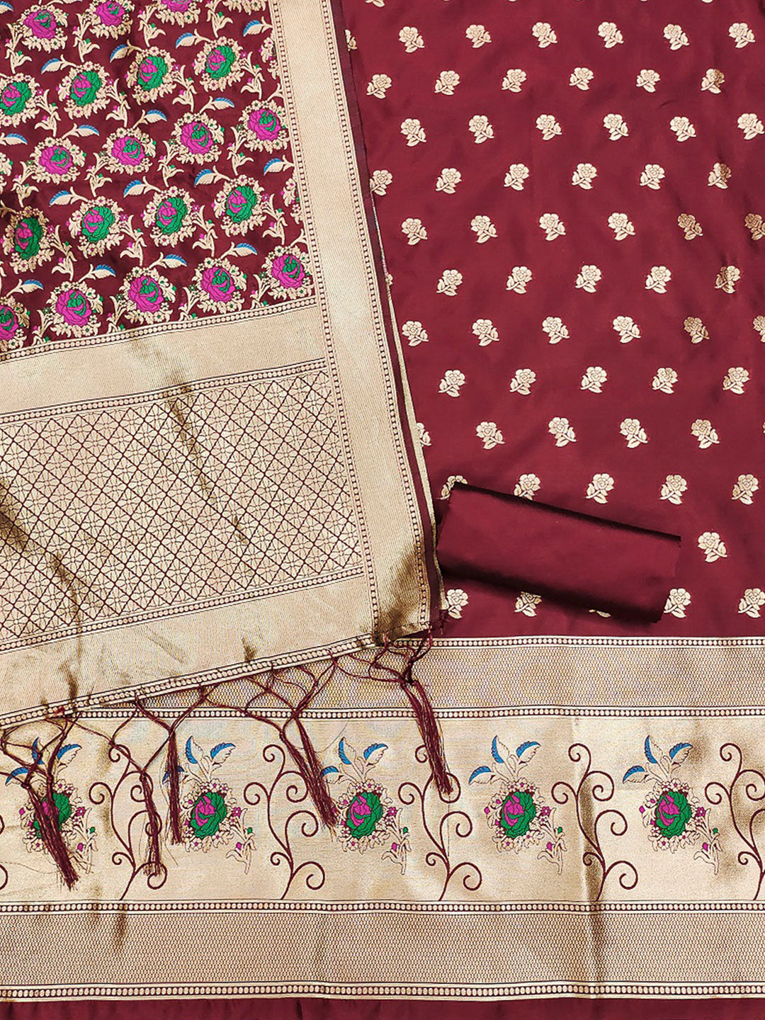 Maroon Pure Soft Banarasi Silk Woven Design Unstitched Dress Material